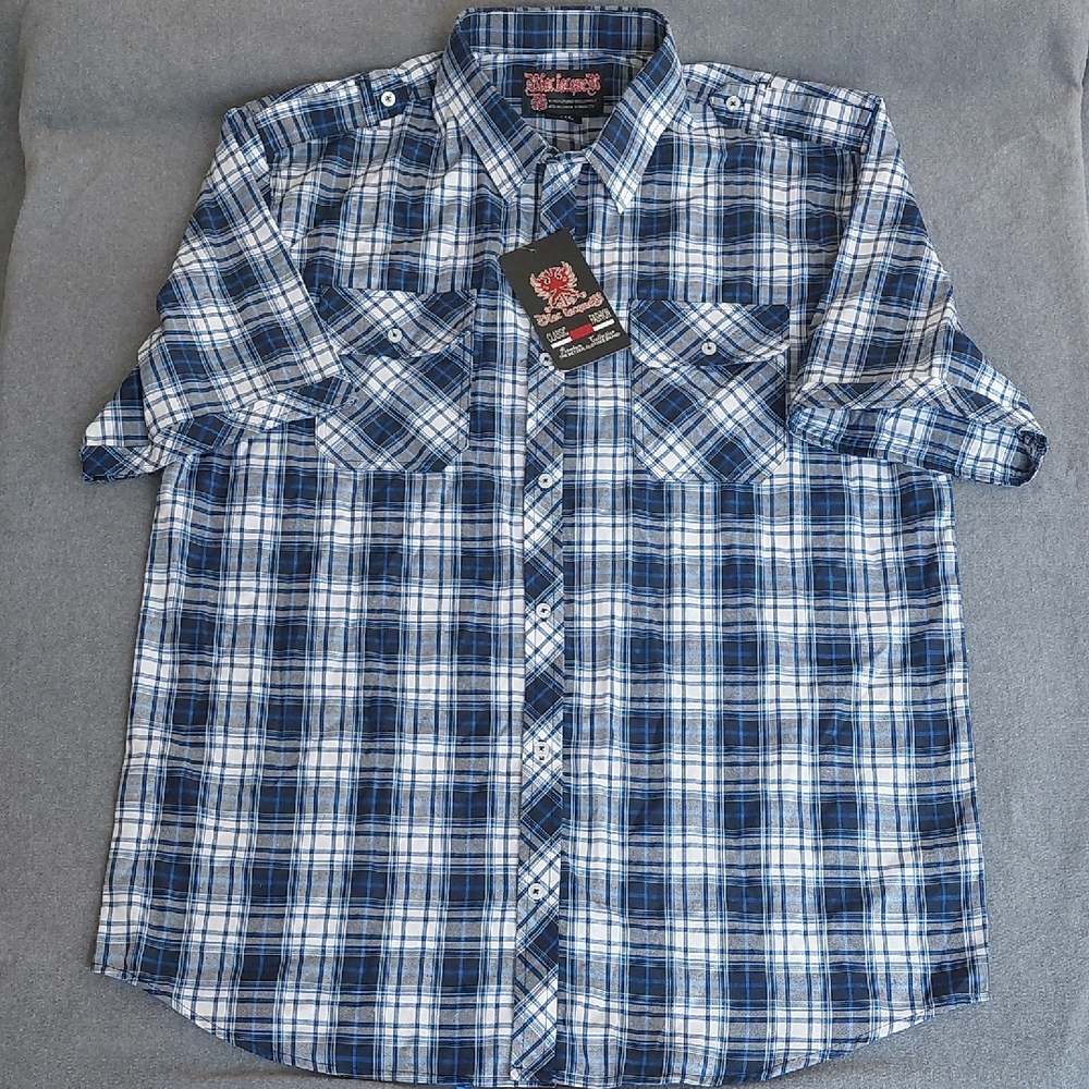 Blac Lacquer Mens 3XL Blue White Plaid Short Sleeve Button Down Shirt NWT